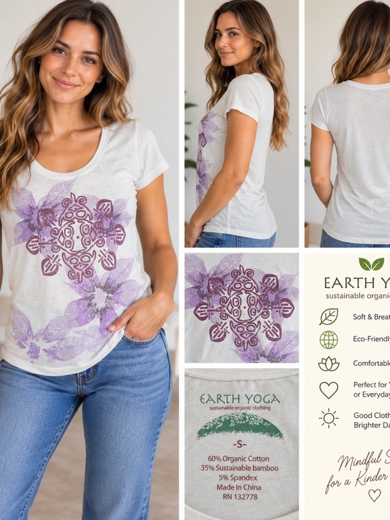 Earth Yoga Tops - Earth Yoga Cream Scoop Neck Tee with Purple Floral Mandala